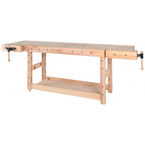 Plateau d’établi PLUS I - hêtre massif 2650 x 790 x 120 mm – 1 presse + 1 presse frontale – perçage 19 mm - Pinié