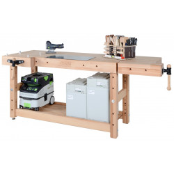 Plateau d’établi PLUS I - hêtre massif 2650 x 790 x 120 mm – 1 presse + 1 presse frontale – perçage 19 mm - Pinié