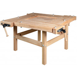 Plateau d’établi - SCHOOL 3 - hêtre massif 1600 x 1600 x 80 mm – 4 postes – perçage 19 mm de marque Pinié, référence: B9543300