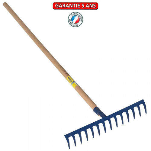 Râteau forgé 14 dents courbes manche bois 1,50 m, outil trempé haute résistance, jardin - PERRIN  