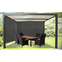 Pergola bioclimatique autoportante aluminium - 3 x 3,60 m - avec 2 rideaux gris - HABRITA