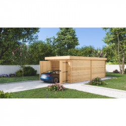Garage bois massif 16,24 m² madriers 28 mm – toit polycarbonate – double porte de marque HABRITA, référence: J9550300
