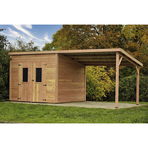 Abri de jardin bois douglas avec bûcher 7,53 m² – madriers 28 mm – toit monopente acier - HABRITA