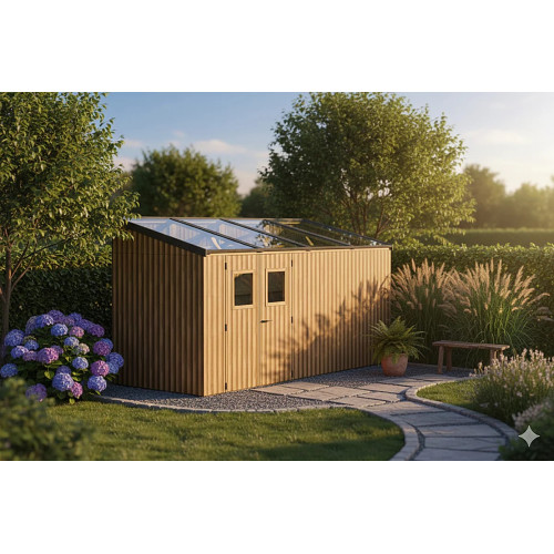 Abri de jardin bois thermochauffé monopente 8,87 m² – bardage 19 mm – kit photovoltaïque 2 kWc - HABRITA