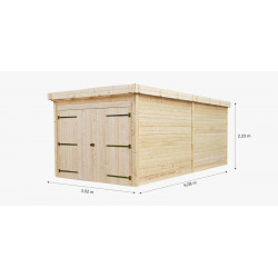 Garage bois massif 16,24 m² madriers 28 mm – toit acier – double porte de marque HABRITA, référence: J9551600