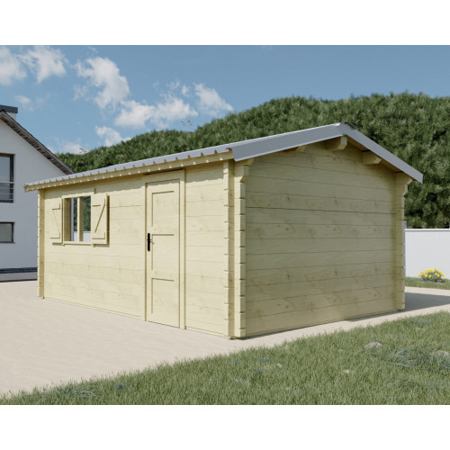Garage bois massif 19,73 m² madriers 42 mm – toit shingles double pente - HABRITA