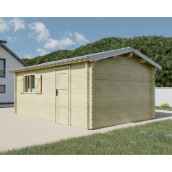 Garage bois massif 19,73 m² madriers 42 mm – toit shingles double pente – porte métallique - HABRITA