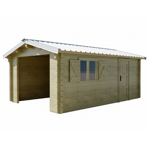 Garage bois massif 19,73 m² madriers 60 mm – toit shingles double pente – porte bois - HABRITA