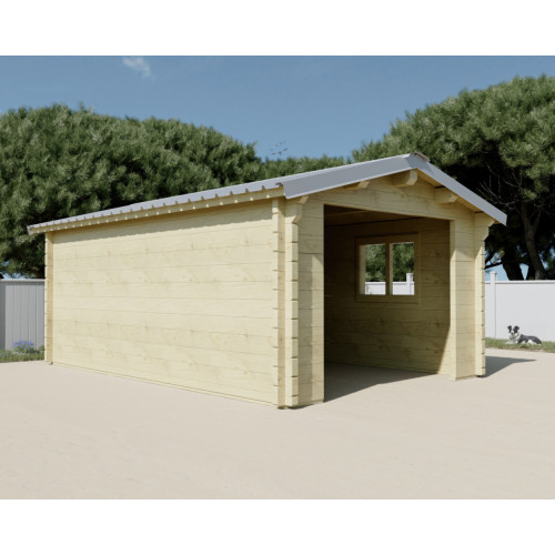 Garage bois massif 19,73 m² madriers 60 mm – toit shingles double pente – porte bois - HABRITA