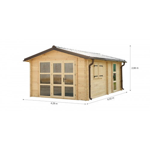 Garage bois massif 19,73 m² madriers 80 mm – toit shingles double pente – porte métallique - HABRITA