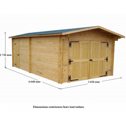 Garage bois massif 21,7 m² madriers 42 mm – toit double pente feutre bitumé – porte en option - HABRITA