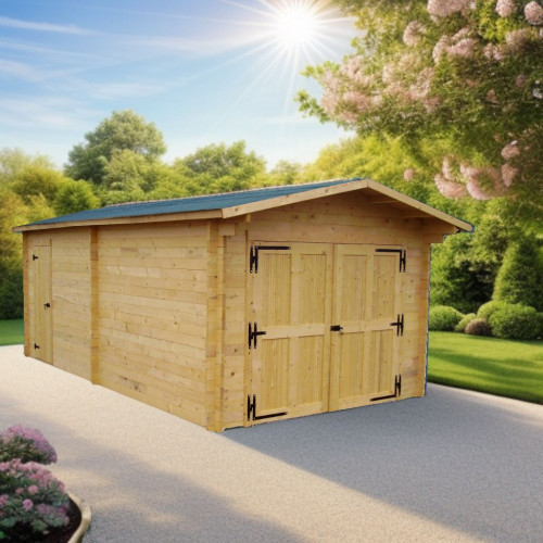Garage bois massif 21,7 m² madriers 42 mm – toit double pente feutre bitumé – porte en option - HABRITA