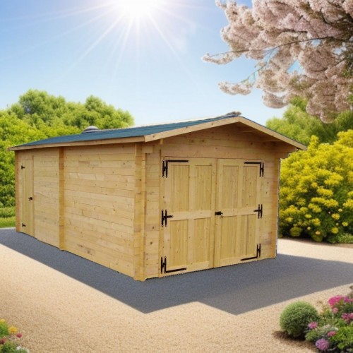 Garage bois massif 21,7 m² madriers 42 mm – toit double pente feutre bitumé – porte en option - HABRITA