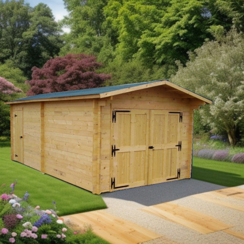 Garage bois massif 21,7 m² madriers 42 mm – toit double pente feutre bitumé – porte en option - HABRITA