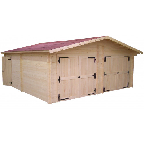 Garage bois massif double 38,44 m² madriers 42 mm – toit double pente feutre bitumé – portes en option - HABRITA