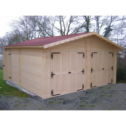 Garage bois massif double 38,44 m² madriers 42 mm – toit double pente feutre bitumé – portes en option - HABRITA
