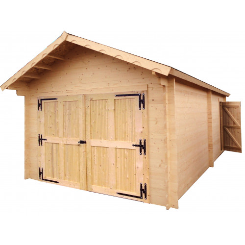 Garage bois massif 24,23 m² madriers 60 mm – toit double pente ONDUCHAPE VV – porte bois - HABRITA