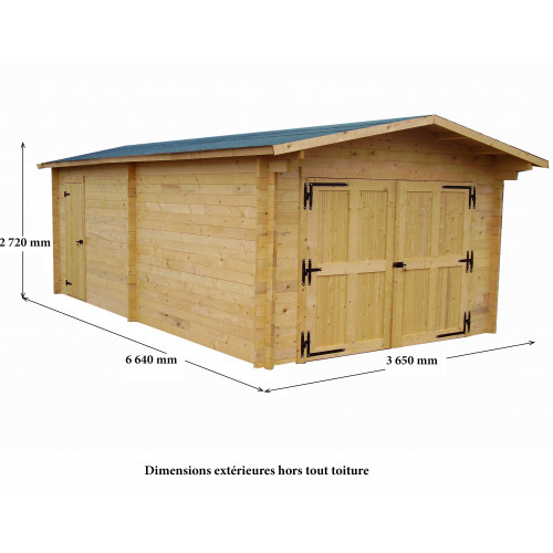 Garage bois massif 24,23 m² madriers 60 mm – toit double pente ONDUCHAPE VV – porte bois - HABRITA