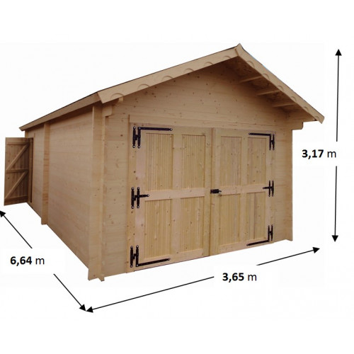 Garage bois massif 24,23 m² madriers 60 mm – toit double pente ONDUCHAPE VV – porte bois - HABRITA