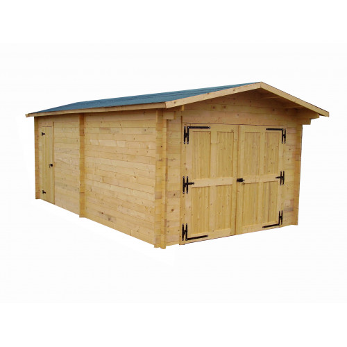 Garage bois massif 24,23 m² madriers 60 mm – toit double pente ONDUCHAPE VV – porte bois - HABRITA