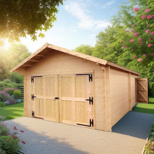 Garage bois massif 24,23 m² madriers 60 mm – toit double pente ONDUCHAPE VV – porte bois - HABRITA