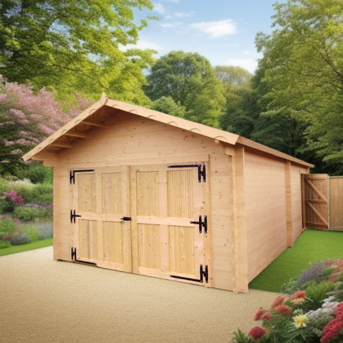 Garage bois massif 24,23 m² madriers 60 mm – toit double pente ONDUCHAPE VV – porte bois - HABRITA
