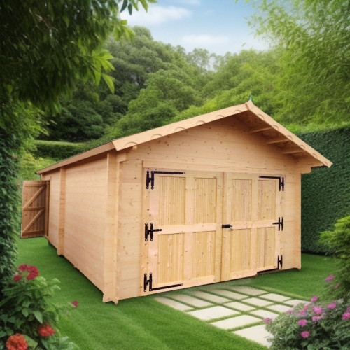 Garage bois massif 24,23 m² madriers 60 mm – toit double pente ONDUCHAPE VV – porte bois - HABRITA