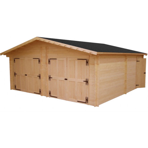 Garage bois massif double 38,44 m² madriers 60 mm – toit double pente ONDUCHAPE VV – portes bois - HABRITA