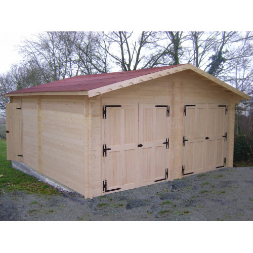 Garage bois massif double 38,44 m² madriers 60 mm – toit double pente ONDUCHAPE VV – portes bois - HABRITA