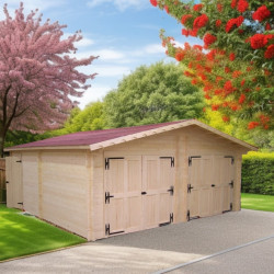 Garage bois massif double 38,44 m² madriers 60 mm – toit double pente ONDUCHAPE VV – portes bois - HABRITA