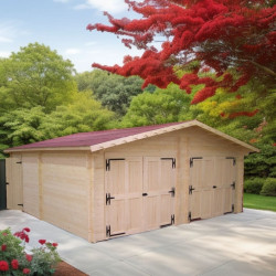 Garage bois massif double 38,44 m² madriers 60 mm – toit double pente ONDUCHAPE VV – portes bois - HABRITA