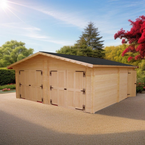 Garage bois massif double 38,44 m² madriers 60 mm – toit double pente ONDUCHAPE VV – portes bois - HABRITA