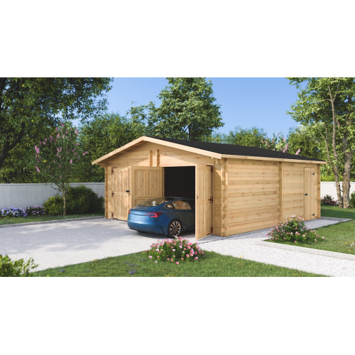 Garage bois massif double 38,44 m² madriers 60 mm – toit double pente ONDUCHAPE VV – portes bois - HABRITA