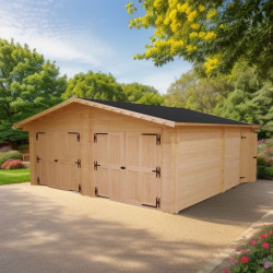 Garage bois massif double 38,44 m² madriers 60 mm – toit double pente ONDUCHAPE VV – portes bois - HABRITA
