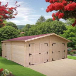 Garage bois massif double 38,44 m² madriers 60 mm – toit double pente ONDUCHAPE VV – portes bois - HABRITA