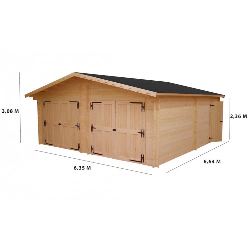 Garage bois massif double 38,44 m² madriers 60 mm – toit double pente ONDUCHAPE VV – portes métalliques - HABRITA