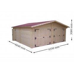 Garage bois massif double 38,44 m² madriers 60 mm – toit double pente ONDUCHAPE VV – portes métalliques - HABRITA