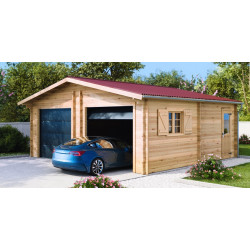 Garage bois massif double 38,44 m² madriers 60 mm – toit double pente ONDUCHAPE VV – portes sectionnelles motorisées de marque HABRITA, référence: J9552900