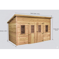 Abri de jardin bois massif 14,02 m² – madriers 28 mm – toit monopente polycarbonate – double porte + fenêtres de marque HABRITA, référence: J9553100