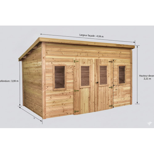 Abri de jardin bois massif 14,02 m² – madriers 28 mm – toit monopente polycarbonate – double porte + fenêtres - HABRITA