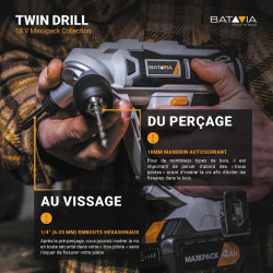Perceuse visseuse sans fil 18V Twin Drill - Maxxpack - double mandrin - 2 vitesses - contrôle électronique - Batavia