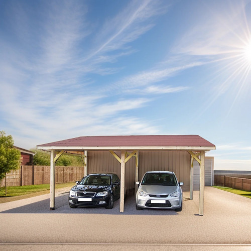Auvent bois monopente double voiture 29,34 m² – structure lamellé-collé – toiture shingle - HABRITA