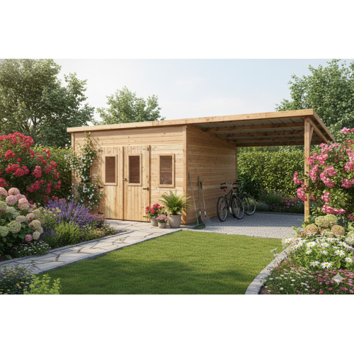 Abri de jardin bois massif avec bûcher 14,02 m² - madriers 28 mm - toit monopente polycarbonate - double porte + fenêtres - HABRITA