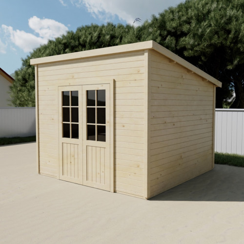 Abri de jardin bois massif 7,51 m² - madriers 28 mm - toit monopente bac acier - double porte vitrée - HABRITA