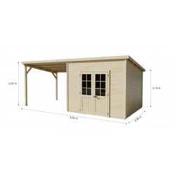 Abri de jardin bois avec terrasse 18,06 m² – madriers 28 mm – toit monopente acier – double porte semi-vitrée de marque HABRITA, référence: J9553900