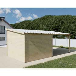 Abri de jardin bois avec terrasse 18,06 m² – madriers 28 mm – toit monopente acier – double porte semi-vitrée - HABRITA