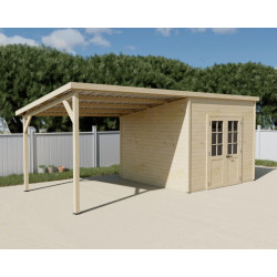 Abri de jardin bois avec terrasse 18,06 m² – madriers 28 mm – toit monopente acier – double porte semi-vitrée - HABRITA