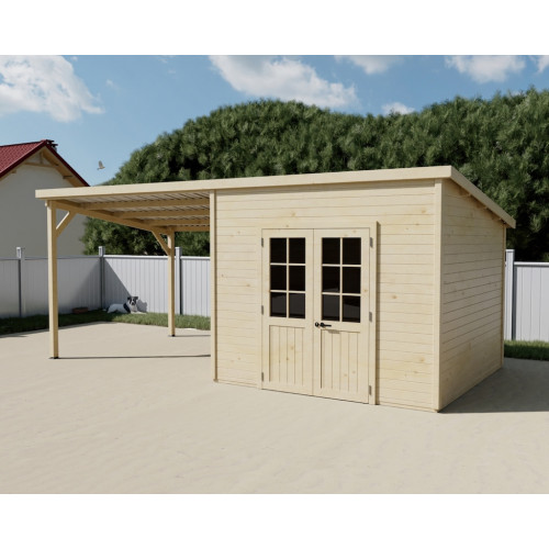 Abri de jardin bois avec terrasse 18,06 m² – madriers 28 mm – toit monopente acier – double porte semi-vitrée - HABRITA