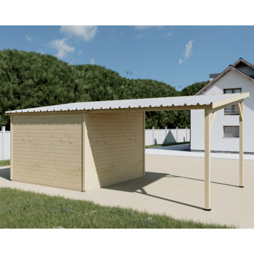 Abri de jardin bois avec terrasse 18,06 m² – madriers 28 mm – toit monopente acier – double porte semi-vitrée - HABRITA