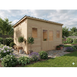 Abri de jardin bois massif 10,27 m² - madriers 28 mm - toit monopente bac acier - double porte vitrée + fenêtres - HABRITA